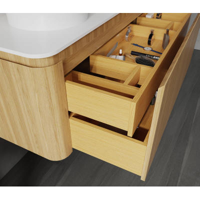 Royal Plaza Terra Wastafelonderkast 120cm 2 lades afgeronde hoeken sandwood licht eiken met slid surface topblad en 2 solid suface waskommen 56x32x15.5cm SHOWROOMMODEL