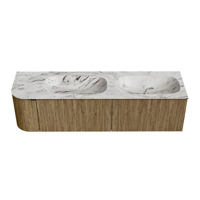 Mondiaz KURVE-DLUX Ensemble de meuble de salle de bains - 165x46x40cm - 2 tiroirs - 1 porte - vasque solid surface - double / droite - sans trou de robinet - Dusk