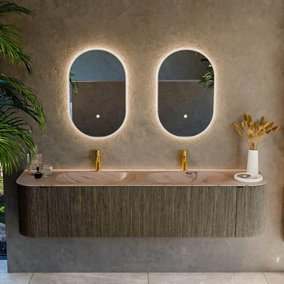 MONDIAZ KURVE-DLUX 190cm meuble de salle de bains arrondi Gauche + Droite couleur Shadow avec 2 tiroirs et 2 portes. Lavabo STOR SMALL Double 2 trous de robinet Arena.