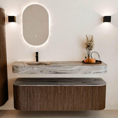 MONDIAZ THOR-DLUX 150cm badmeubel ronding links + rechts kleur Walnut met 1 lade en 2 deuren. Vrijhangende wastafel CLOUD Links 1 kraangat kleur Sombra.