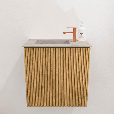 Mondiaz JOYA-DLUX 40cm toiletmeubel - kleur Oak - Wastafel FAYE positie Links 1 kraangat kleur Glace.