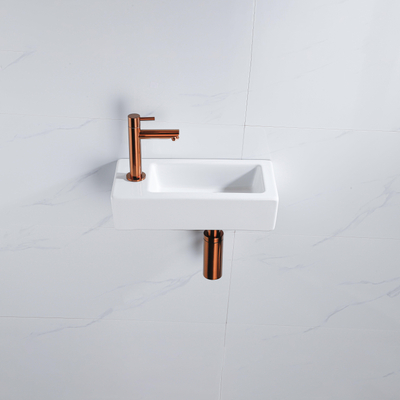 QeramiQ Fontein Fonteinset - 37.5x18.5x9cm - céramique - trou de robinet gauche - robinet lave-mains en cuivre brossé - bonde de vidage - siphon abaissé - Blanc brillant