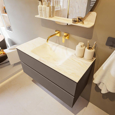 Mondiaz VICA-DLUX ensemble de meuble de salle de bain - 100cm - meuble sous-vasque fumée - 2 tiroirs - lavabo encastré nuage milieu - sans trous de robinet - version haute 60cm - ostra