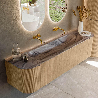 MONDIAZ KURVE-DLUX 170cm badmeubel ronding Links + Rechts kleur Oak met 1 lade en 2 deuren. Wastafel BIG LARGE Midden zonder kraangat Sombra.