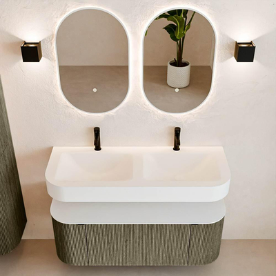 MONDIAZ THOR 120cm meuble de salle de bains arrondi gauche + droite couleur Shadow avec 1 tiroir et 2 portes. Vasque suspendue CLOUD Double 2 trous de robinet couleur Talc.