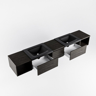 MONDIAZ BUKLA 240cm ensemble de meuble avec module ouvert 40 L+R couleur Marron Foncé avec 3 tiroirs. Lavabo CLOUD double 0 trou de robinet couleur Urban.