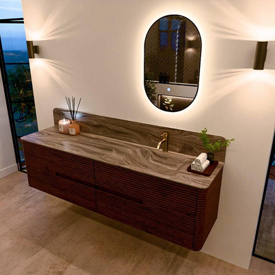 Mondiaz CIRO-DLUX Badkamermeubelset - 180x45x50cm - Solid surface wastafel Sombra - 1 wasbak Rechts - 1 kraangat - 4 lades - Ruby