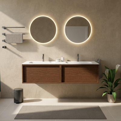 Saniclass Holz Frame Ensemble de meubles de salle de bains - 160x45x41.5cm - lavabo Flow en solid surface blanc - 2 vasques - 2 trous de robinetterie - 2 tiroirs - mat walnut pure (bois)