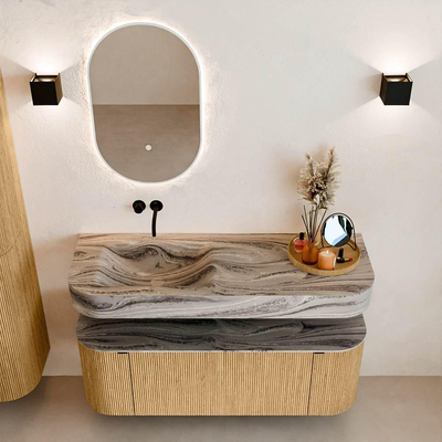 MONDIAZ THOR-DLUX 130cm badmeubel ronding links + rechts kleur Oak met 1 lade en 2 deuren. Vrijhangende wastafel CLOUD Links zonder kraangat kleur Sombra.