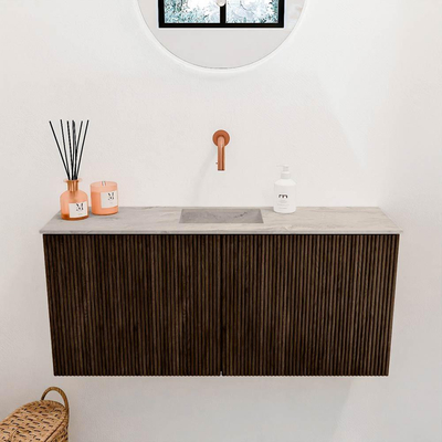 Mondiaz JOYA-DLUX 90cm meuble de salle de bains - couleur Walnut - Vasque FAYE position Milieu Sans trou de robinet couleur Glace.