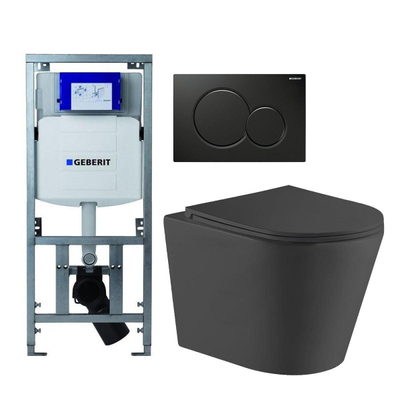 QeramiQ Dely toiletset met Geberit UP320 inbouwreservoir, zwart glanzende bedieningsplaat en toilet met zitting mat zwart