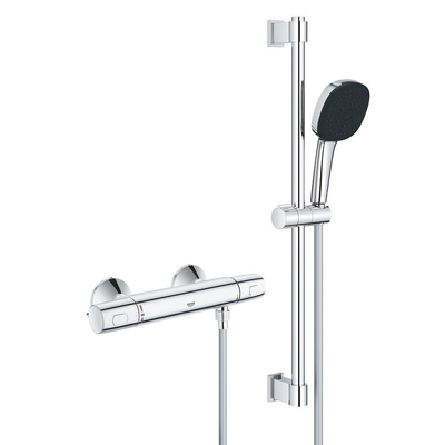 GROHE Precision Trend Ensemble de douche - robinet de douche thermostatique - avec ensemble barre de douche - 60cm - douchette à main carrée - 1 type de jet - flexible de douche lisse - chrome
