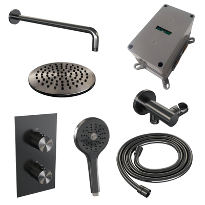 BRAUER Gunmetal Carving inbouw regendoucheset – Ø20 cm hoofddouche – 40 cm gebogen wandarm – met omstel – vaste douchehouder