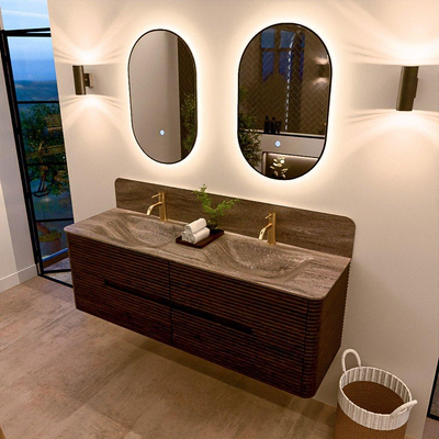 Mondiaz CIRO-DLUX Badkamermeubelset - 150x45x50cm - Solid surface wastafel Oza - 2 wasbak Dubbel - 2 kraangaten - 4 lades - Walnut