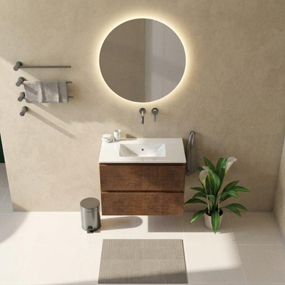 Saniclass Holz Atelier Ensemble meuble de salle de bains - 80x45x62cm - Lavabo Vygo en céramique blanc - 1 vasque - sans trou de robinet - 2 tiroirs - mat walnut pure (bois)