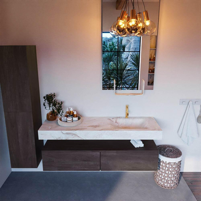 Mondiaz ALAN-DLUX Ensemble de meuble de salle de bains - 150x46cm - 2 tiroirs - lavabo suspendu - 1 trou de robinet - 2 à droite - Dark brown (chêne foncé)