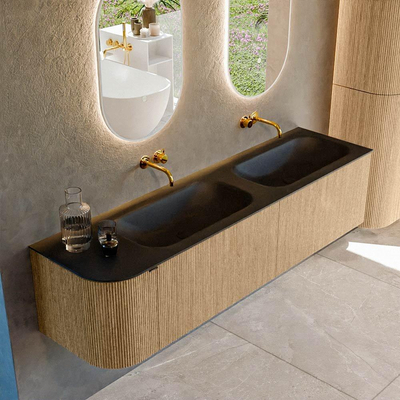 MONDIAZ KURVE meuble de salle de bains 175 cm avec module 25 L couleur chêne avec 2 tiroirs et 1 porte. Lavabo BIG SMALL double / droit sans trou de robinet Urban.