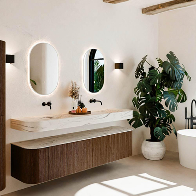 MONDIAZ THOR-DLUX Meuble de salle de bains - 190cm - arrondi gauche + droite - couleur Walnut - 2 tiroirs et 2 portes - Vasque suspendue CLOUD Double sans trou de robinet - couleur Nata