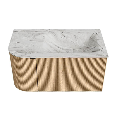 MONDIAZ KURVE-DLUX Meuble de salle de bains 85 cm avec module 25 L couleur Oak avec 1 tiroir et 1 porte. Lavabo CLOUD à droite 1 trou de robinet couleur Glace.