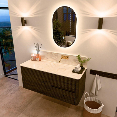 Mondiaz CIRO-DLUX Meuble de salle de bains - 120x45x50cm - Plan-vasque solid surface Ostra - 1 lavabo à droite - sans trous de robinetterie - 2 tiroirs - Shadow