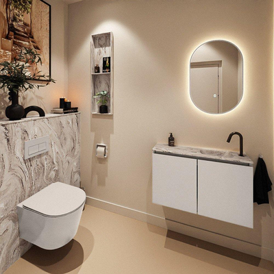 MONDIAZ TURE-DLUX Meuble de toilettes 80 cm Linen. EDEN lavabo Glace position à droite. Avec 1 trou de robinet.