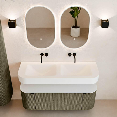 MONDIAZ THOR 130cm meuble de salle de bains arrondi gauche + droite couleur Shadow avec 1 tiroir et 2 portes. Vasque suspendue CLOUD Double sans trou de robinet couleur Talc.