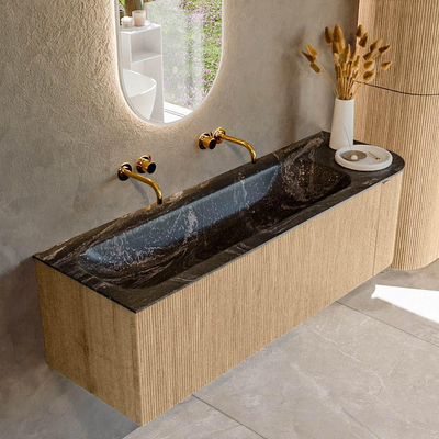 MONDIAZ KURVE-DLUX meuble de salle de bains 145cm avec module 25 R couleur chêne avec 1 tiroir et 1 porte. Vasque BIG LARGE gauche sans trou de robinet couleur lave.