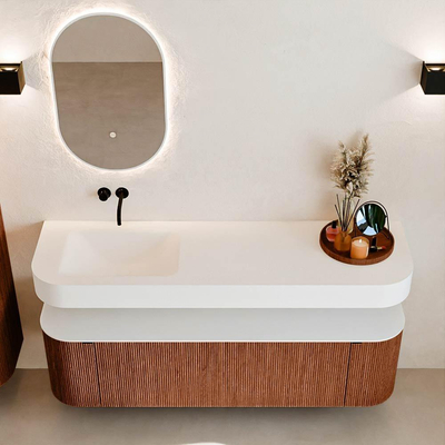 MONDIAZ THOR Meuble de salle de bains 160cm arrondi gauche + droite couleur Ruby avec 1 tiroir et 2 portes. Vasque suspendue CLOUD Gauche sans trou de robinet couleur Talc.