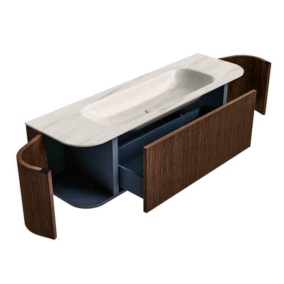 MONDIAZ KURVE-DLUX 150cm badmeubel ronding Links + Rechts kleur Walnut met 1 lade en 2 deuren. Wastafel BIG MEDIUM Midden 1 kraangat Meli.