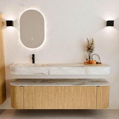 MONDIAZ THOR-DLUX Meuble de salle de bains 170cm arrondi gauche + droite couleur Oak avec 1 tiroir et 2 portes. Vasque suspendue CLOUD Gauche 1 trou de robinet couleur Frappe.