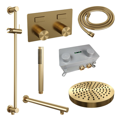 BRAUER Stripe Thermostatische Inbouw Regendouche - drukknoppen - 25cm douchekop - rechte muurarm - staaf handdouche - doucheslang - geïntegreerde glijstang - goud geborsteld PVD