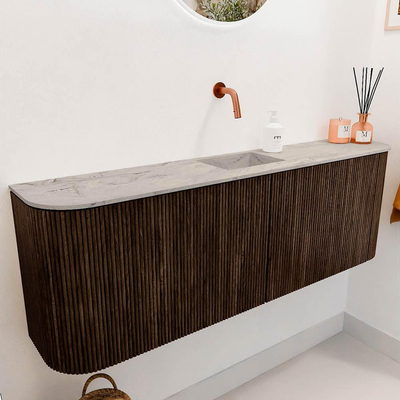 Mondiaz JOYA-DLUX 123.2cm toiletmeubel - ronding links en rechts kleur Walnut - Wastafel FAYE positie Midden Zonder kraangat kleur Glace.