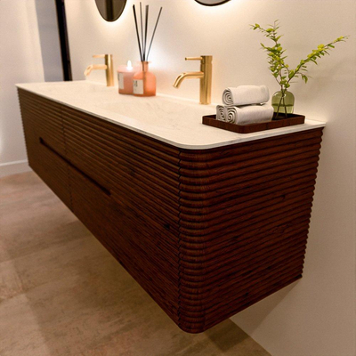 Mondiaz CIRO-DLUX Badkamermeubelset - 180x45x50cm - Solid surface wastafel Opalo - 2 wasbak Dubbel - 2 kraangaten - 4 lades - Ruby