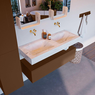 Mondiaz ALAN-DLUX Ensemble de meuble - 120cm - meuble Rust mat - 1 tiroir - Lavabo Cloud Opalo suspendu - vasque Gauche et droite - 0 trous de robinet