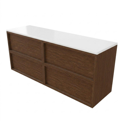 Saniclass Holz Frame Ensemble meuble de salle de bains - 160x45x62.5cm - Plan de toilette Torino en solid surface blanc - sans trou de robinet - 4 tiroirs - walnut pure mat (bois)