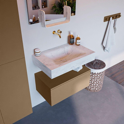 Mondiaz ALAN-DLUX Ensemble de meuble - 70cm - meuble Oro mat - 1 tiroir - Lavabo Cloud Opalo suspendu - vasque Centre - 0 trous de robinet