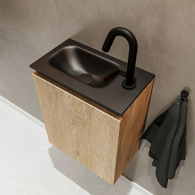 MONDIAZ TURE Fonteinset - 40x23x50cm - 1 kraangat - 1 deur - washed oak mat - Wasbak links - Solid Surface Zwart