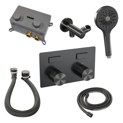 Brauer Gunmetal Carving set de boutons poussoirs thermostatiques encastrés pour baignoire 04 combinaison de remplissage de baignoire 3 positions douche à main flexible de douche raccord mural coude gunmetal pvd brossé