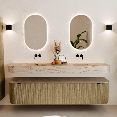 MONDIAZ THOR-DLUX 190cm meuble de salle de bains arrondi gauche + droite couleur Dusk avec 2 tiroirs et 2 portes. Vasque suspendue CLOUD Double sans trou de robinet couleur Arena.