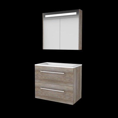 Basic-Line Premium 46 ensemble de meubles de salle de bain 80x46cm avec poignées 2 tiroirs lavabo acrylique 0 trous de robinetterie armoire de toilette éclairage led intégré mfc scotch oak