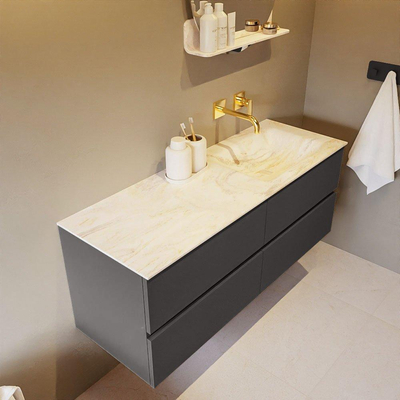 Mondiaz VICA-DLUX Ensemble de meuble de salle de bain - 130cm - meuble sous-vasque gris foncé - 4 tiroirs - lavabo encastré cloud droite - sans trous de robinet - version haute de 60cm - ostra