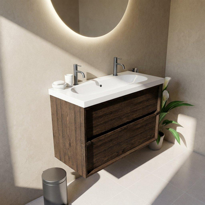 Saniclass Holz Frame Ensemble meuble de salle de bains - 100x45x63.5cm - lavabo en céramique Palermo blanc - 1 vasque - 2 trous de robinetterie - 2 tiroirs - chêne charcoal mat (bois)