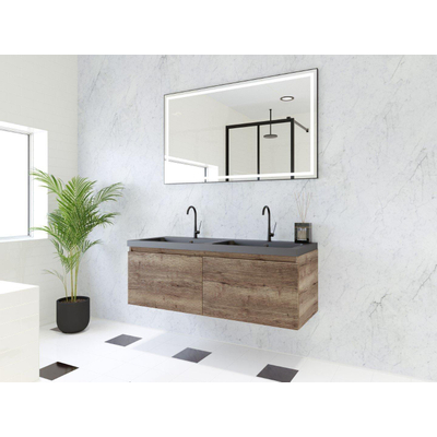 HR Matrix ensemble meuble de salle de bain 3d 120cm 2 tiroirs sans poignée avec bandeau couleur charleston avec vasque djazz double 2 trous de robinetterie noir mat