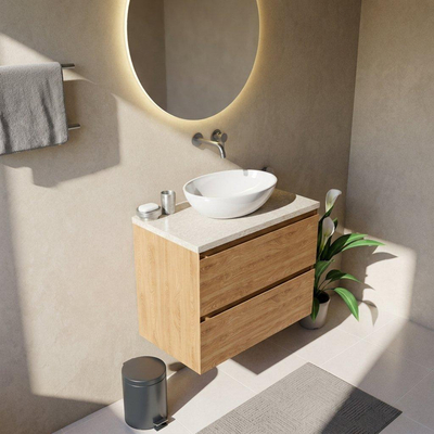 Saniclass Holz Pure Ensemble de meubles de salle de bains - 80x45x63cm - Plan de travail en pierre naturelle travertin - sans trou de robinetterie - 2 tiroirs - chêne naturel mat (bois)