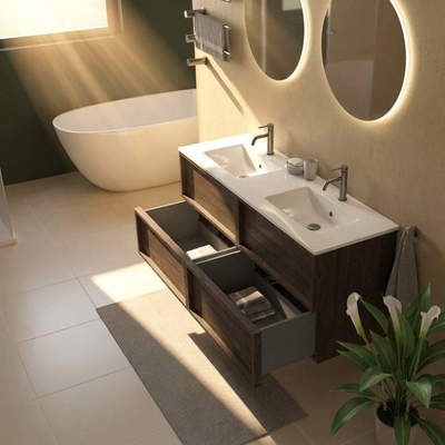 Saniclass Holz Frame Ensemble de meubles de salle de bains - 140x45x62cm - Lavabo Vygo en céramique blanc - 2 vasques - 2 trous de robinetterie - 4 tiroirs - chêne charcoal brillant (bois)