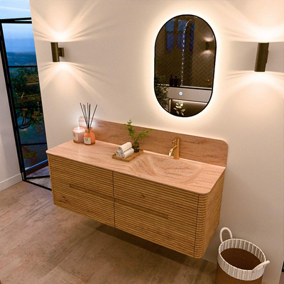 Mondiaz CIRO-DLUX Meuble de salle de bains - 140x45x50cm - Plan-vasque Solid Surface Saba - 1 lavabo à droite - 1 trou de robinetterie - 4 tiroirs - Chêne