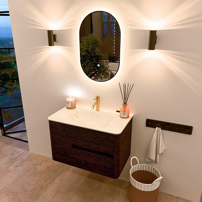 Mondiaz CIRO-DLUX Badkamermeubelset - 80x45x50cm - Solid surface wastafel Opalo - 1 wasbak Midden - 1 kraangat - 2 lades - Walnut