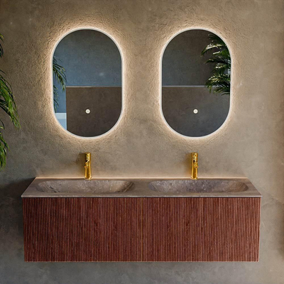 MONDIAZ KURVE-DLUX Meuble de salle de bains 140 cm couleur Ruby avec 2 tiroirs et 0 porte. Lavabo STOR SMALL Double 2 trous de robinet Oza.