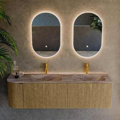 MONDIAZ KURVE-DLUX Meuble de salle de bains 155cm arrondi à gauche couleur Dusk avec 2 tiroirs et 1 porte. Lavabo LEAF Double / 2 trous de robinet à droite Oza.