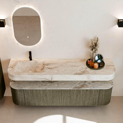 MONDIAZ THOR-DLUX 180cm meuble de salle de bains arrondi gauche + droite couleur Shadow avec 2 tiroirs et 2 portes. Vasque suspendue CLOUD Gauche 1 trou de robinet couleur Frappe.